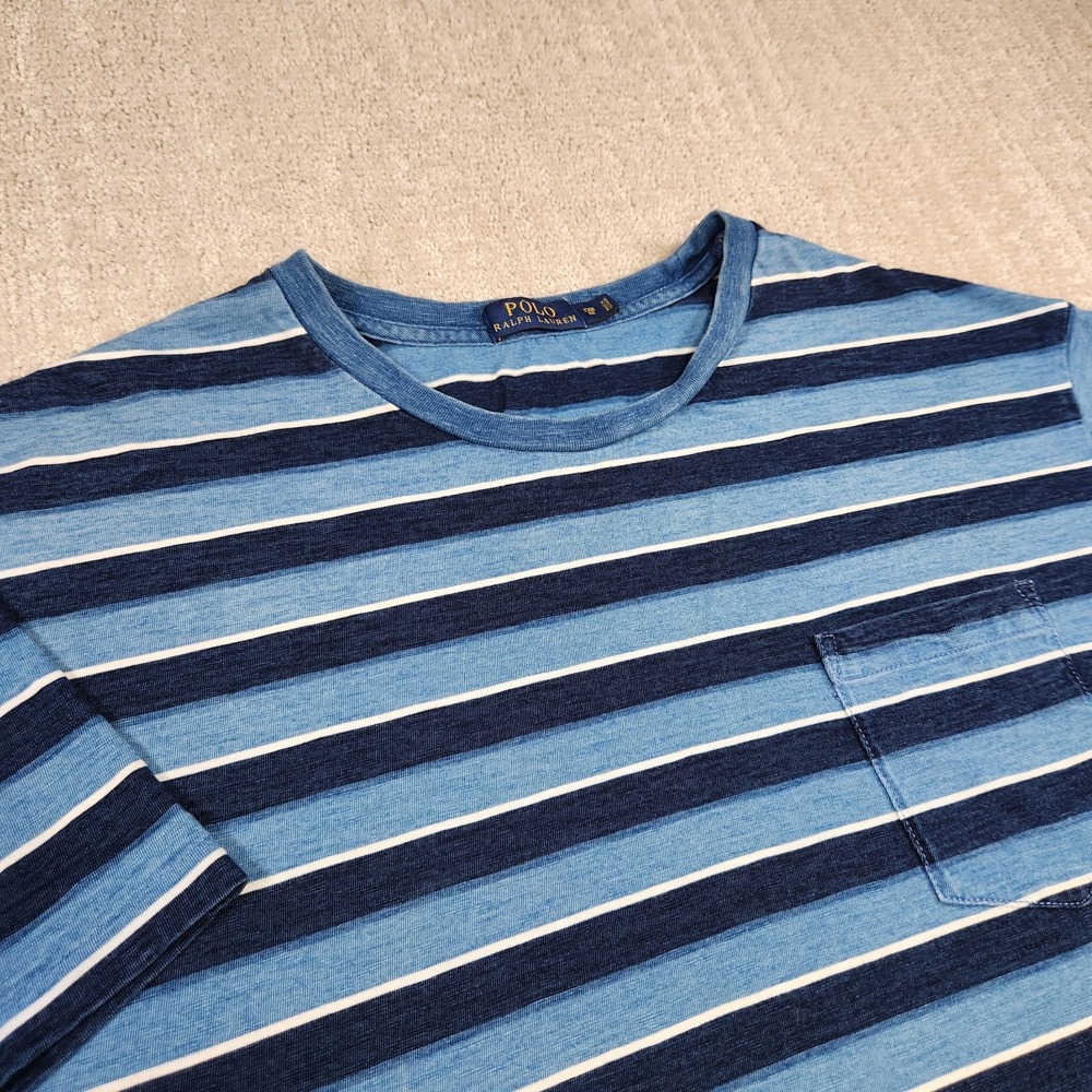 Polo Ralph Lauren Shirt Men 2XB Slub Cotton Indigo Dyed Blue Striped Tee Minimal
